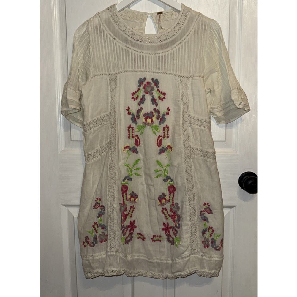 Free People Perfectly Victorian Dress Cream Neon Pink Floral Embroidered Sz M
